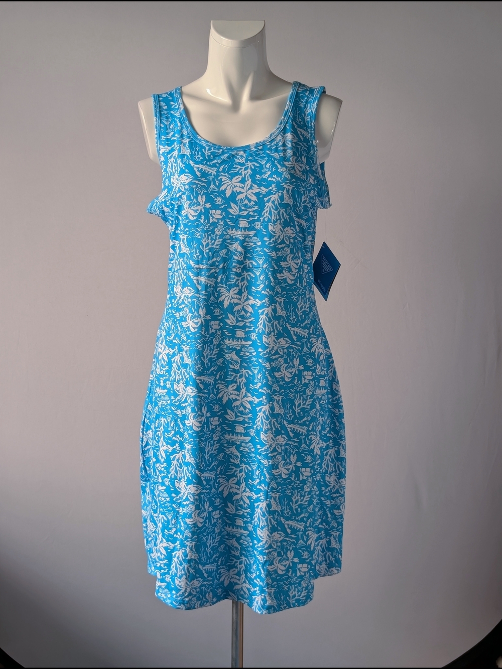 Columbia PFG Turquoise White Aquatic Stretch Midway Bay Sleeveles Dress Sz M NWT